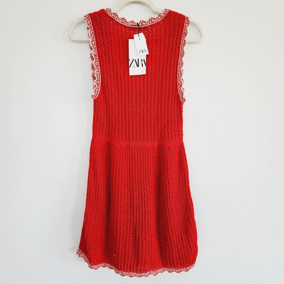 Zara Red & White Pointelle Knit Mini Dress Sleeveless Size Medium - Picture 7 of 9